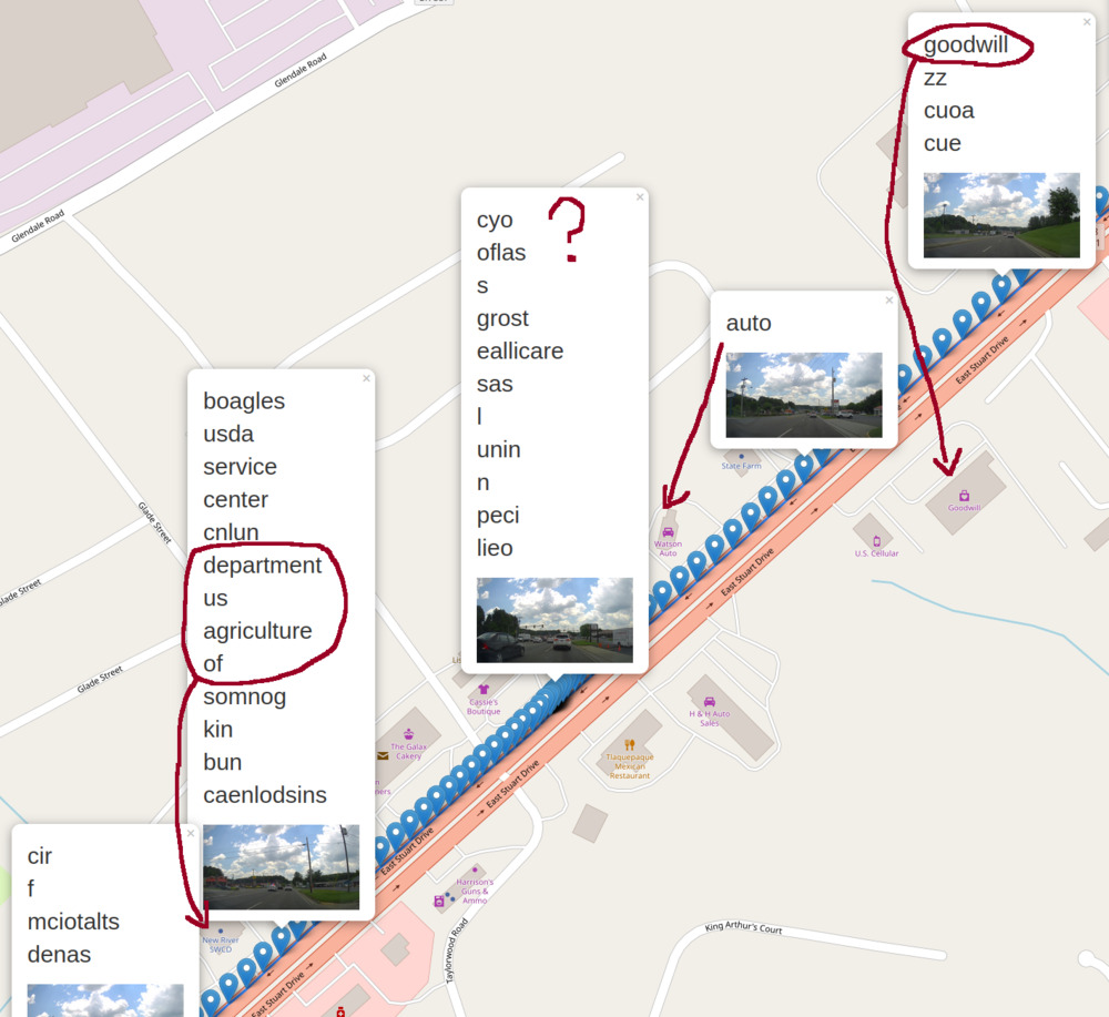 GPX Track Viewed on Map With Dashcam Screenshot Thumbnails and OCR Text
