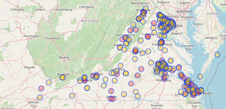 A screenshot of a map showing all Italian restaurants in Virginia