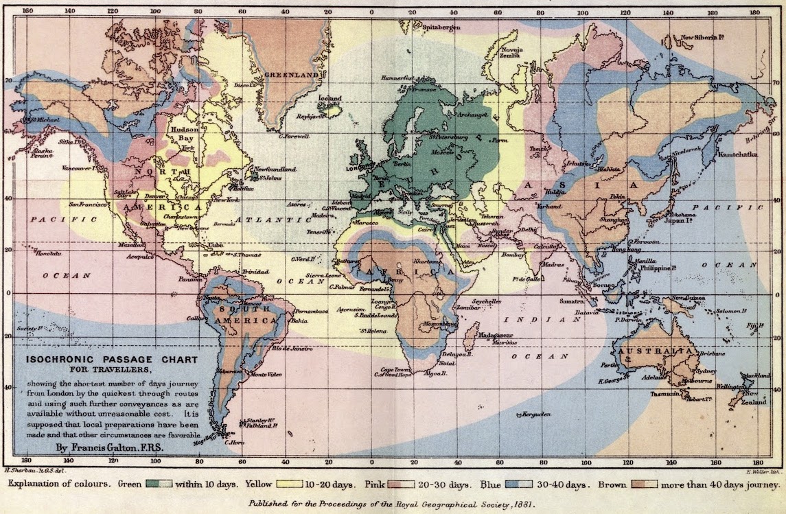 An 1881 isochrone map by Francis Galton showing world travel time starting in London