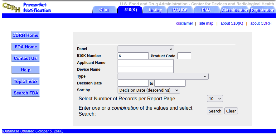 screenshot of the FDA 510k database in October, 2000