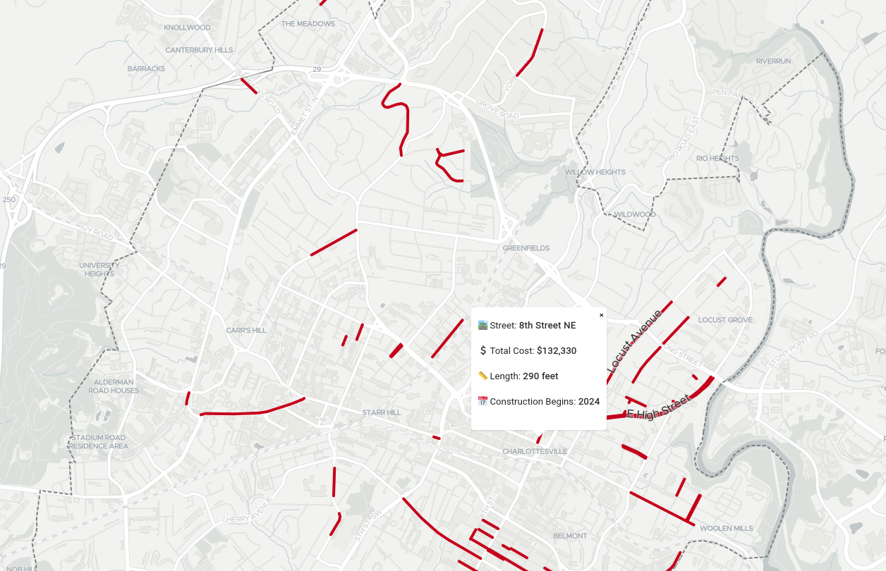 A map showing planned sidewalks in Charlottesville, Virginia.