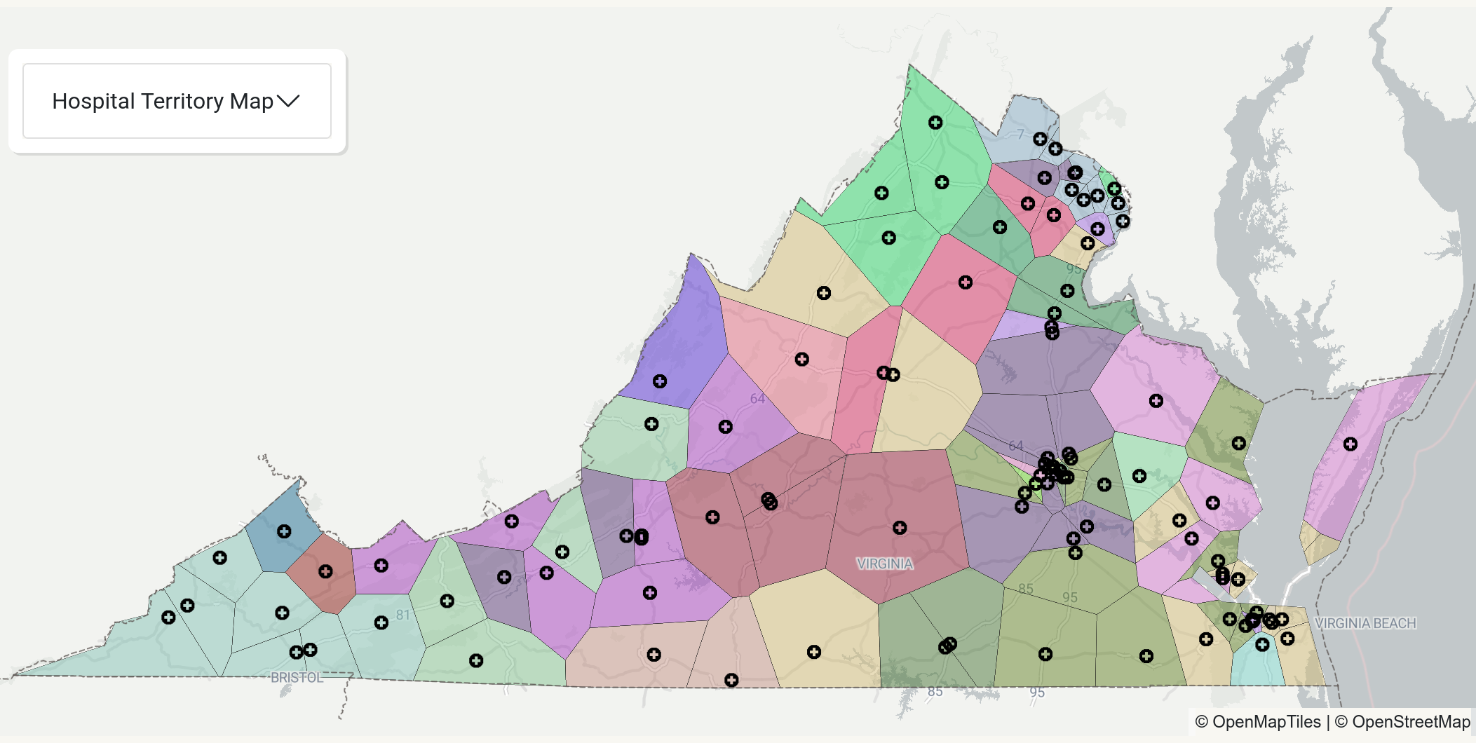 A colored map showing hospital ownership in Virginia.