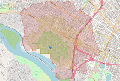 Pedestrian isochrone map of Richmond, Virginia. Map copyright Openstreetmap.