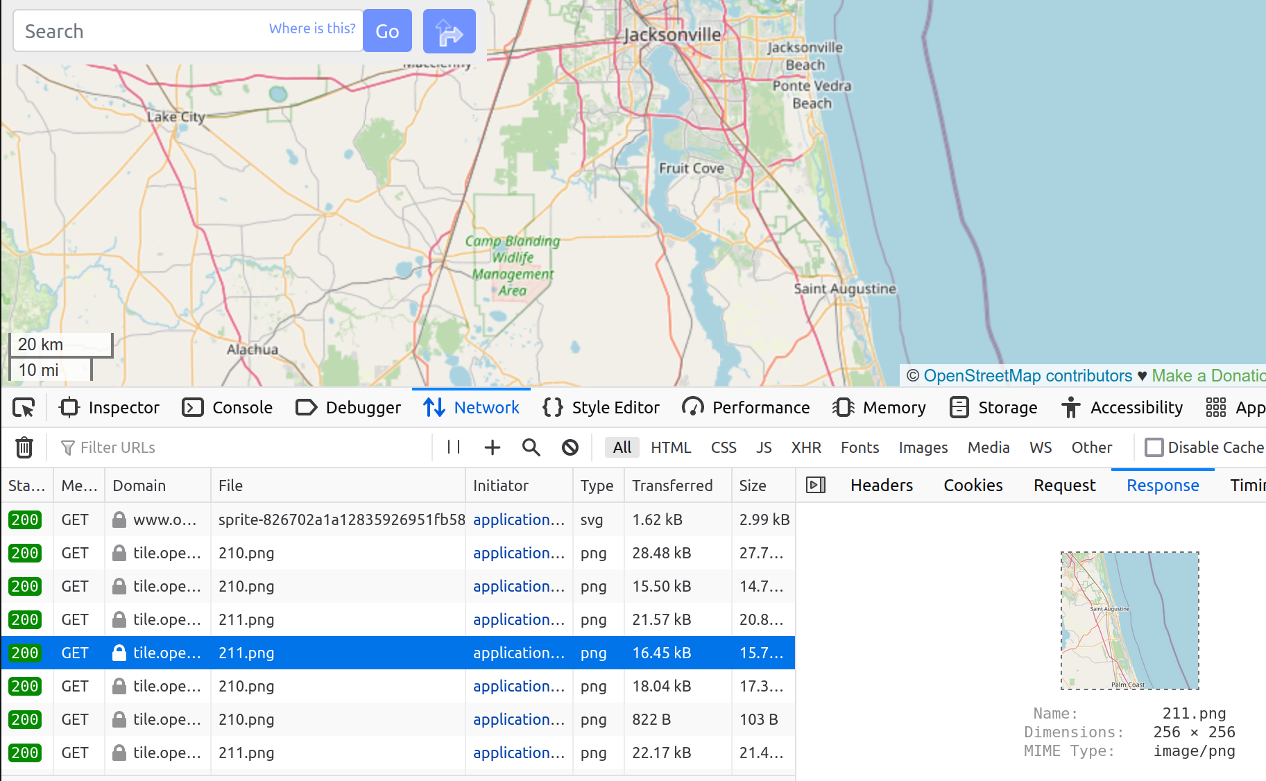 Network tab for openstreetmap.org