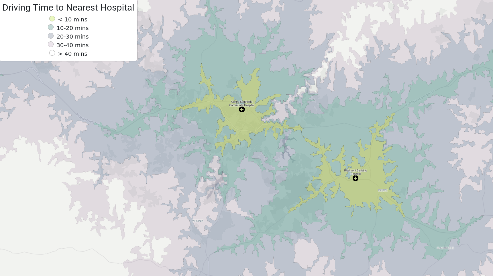 Isochrones Map of Two Hospitals in Central Virginia
